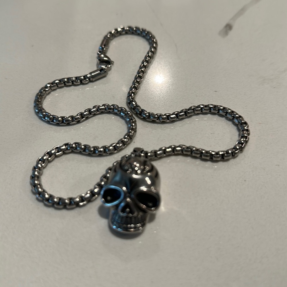 Skull Pendant necklace stainless steel silver plated box chain 18”